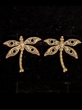 Vintage antique style, aged goldtone Dragonfly Pierced Stud Earrings